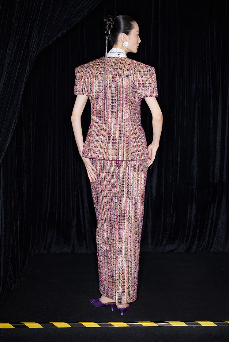 M essential Ma Kai designer kneaded gold coarse spinning iris stacked embroidery slim top - LIVING.