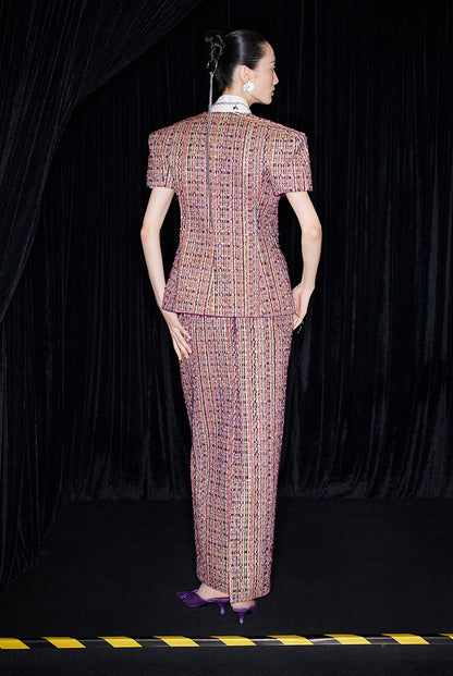 M essential Ma Kai designer kneaded gold coarse spinning iris stacked embroidery slim top - LIVING.