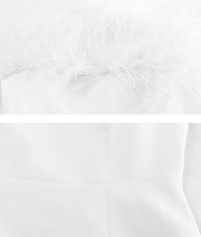 DOLLY Luxury Black/White Off Shoulder Fluffy Feather Short Slit Date Dress-JEMMA