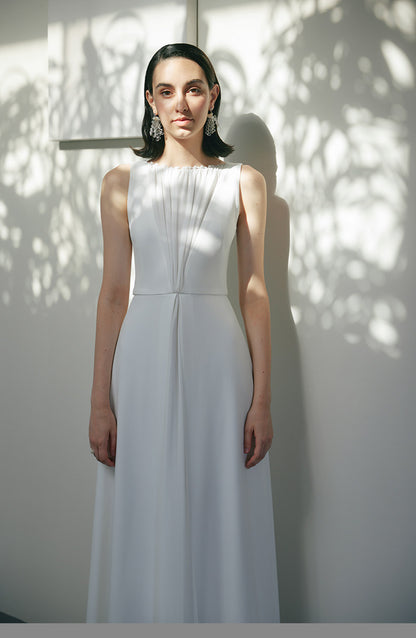 GOUDIN white long engagement outdoor light simple evening dress-TAB.
