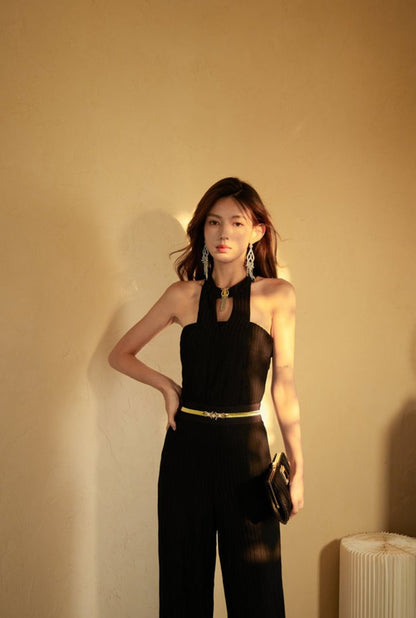 DOLLY High End Black Halter Neck Wrinkle Wide Flared Leg Pant Jumpsuit-LARA