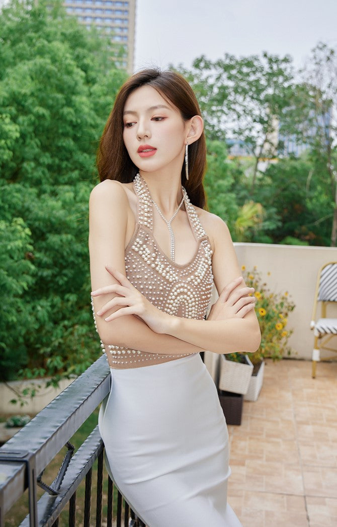 DOLLY High End V-Neck Sleeveless Halter Neck Pearl Body Hug Long Party Dress-CHARMAINE