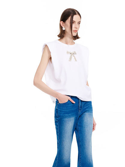YES BY YESIR | Ye Qians Full Diamond Bow Crew Neck Sleeveless T-Shirt -VERALYN.