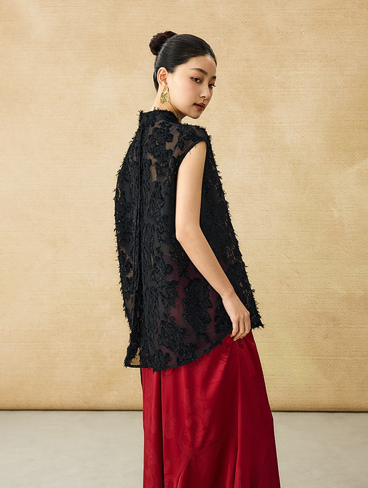 HECO Chinese Style Stand-up Collar Cut Flower Sleeveless Shirt - HELD .