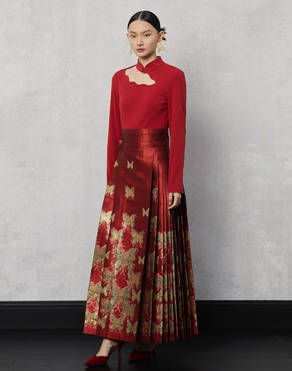 HECO Butterfly Hanfu High Waisted Pleated Long Skirt - rain.