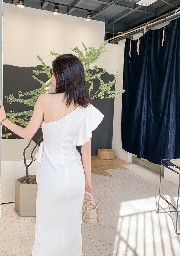 DOLLY Elegant Stylish Ruffle Off Shoulder Slim Fit Midi Slit Dinner Dress-LEOLA