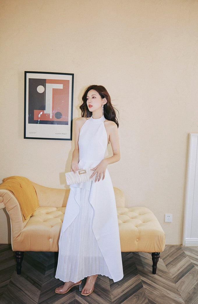 DOLLY High End White/Black Sleeveless Ruffled Halter Neck Top+ Pleated Skirt-SOLANGE