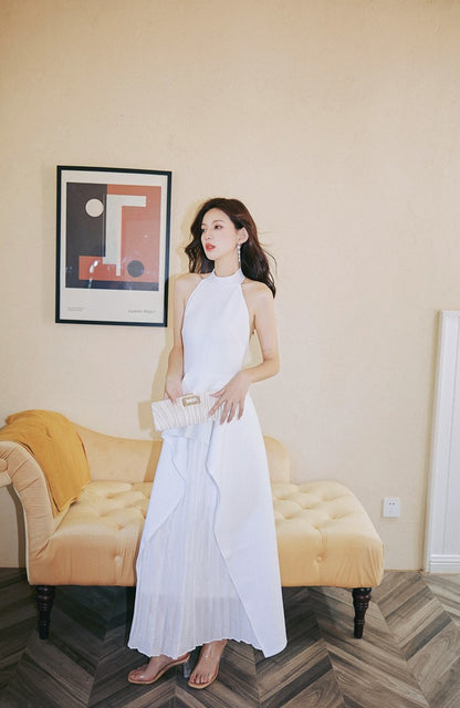 DOLLY High End White/Black Sleeveless Ruffled Halter Neck Top+ Pleated Skirt-SOLANGE