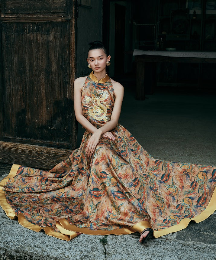 HECO Chinese Contrast Mural Big Swing Fishtail Skirt - MIGRO.