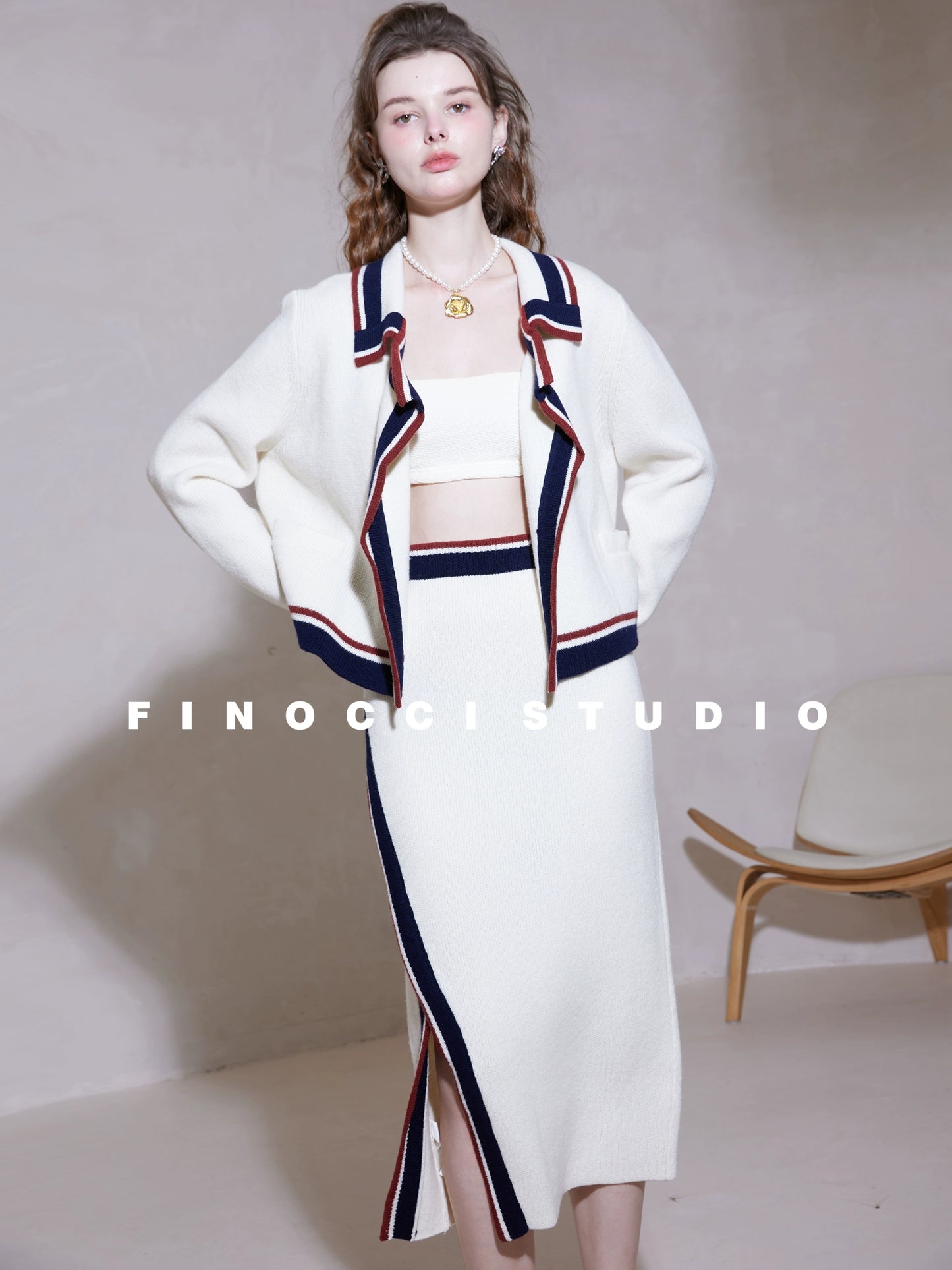 FINOCCI Winter quality elegant 100% Sheep Wool Weaving skirt jacket Set - Gale