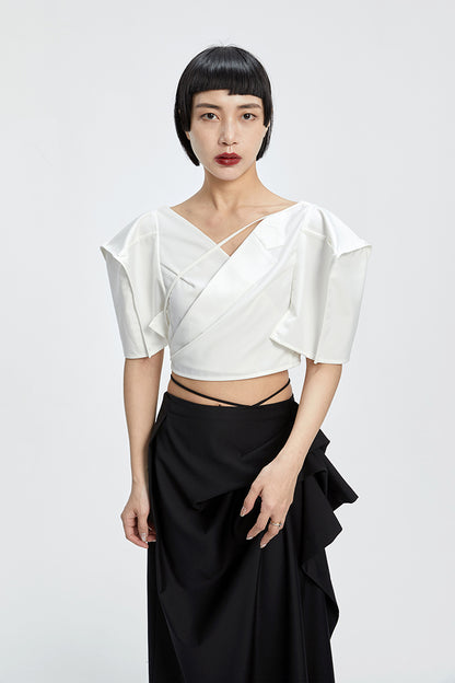 Tiny in three-dimensional square sleeve cross collar tie irregular shirt top women's short -CAM