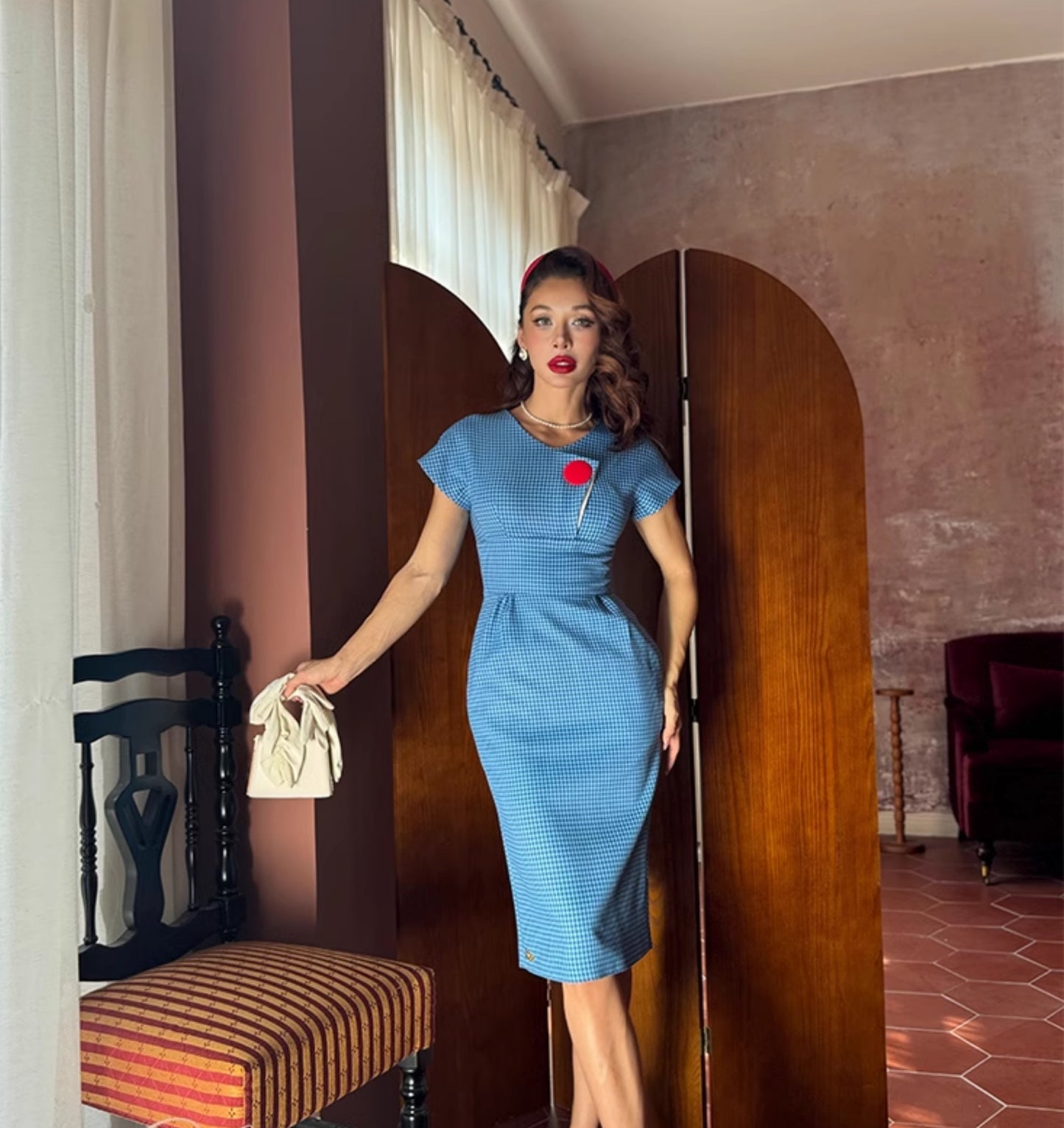 Le Palais Vintage Classic Red and Blue Contrasting Small Plaid Dress-RINDOU.