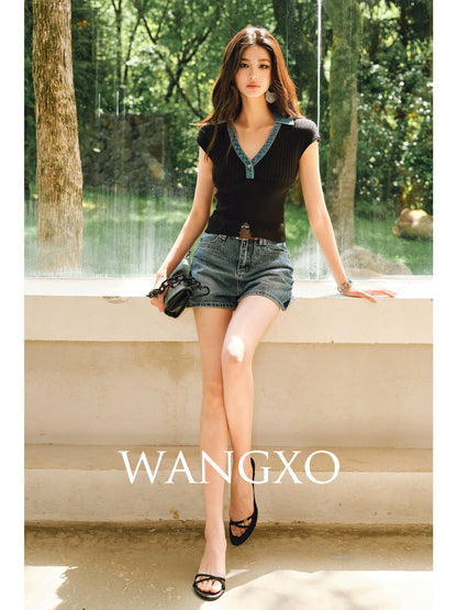 WANGXO | Soft Glutinous Knit & Contrasting High-Quality Denim V-Neck Slim Top -NIVA