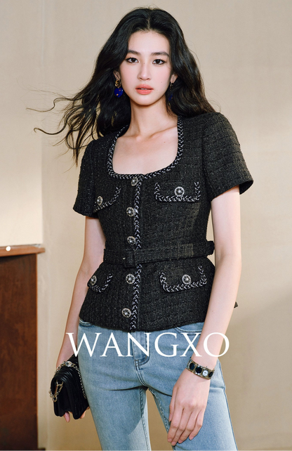WANGXO Filigree Lumina Top High-End Delicate Webbing Belt & Square Neckline - MIRNA