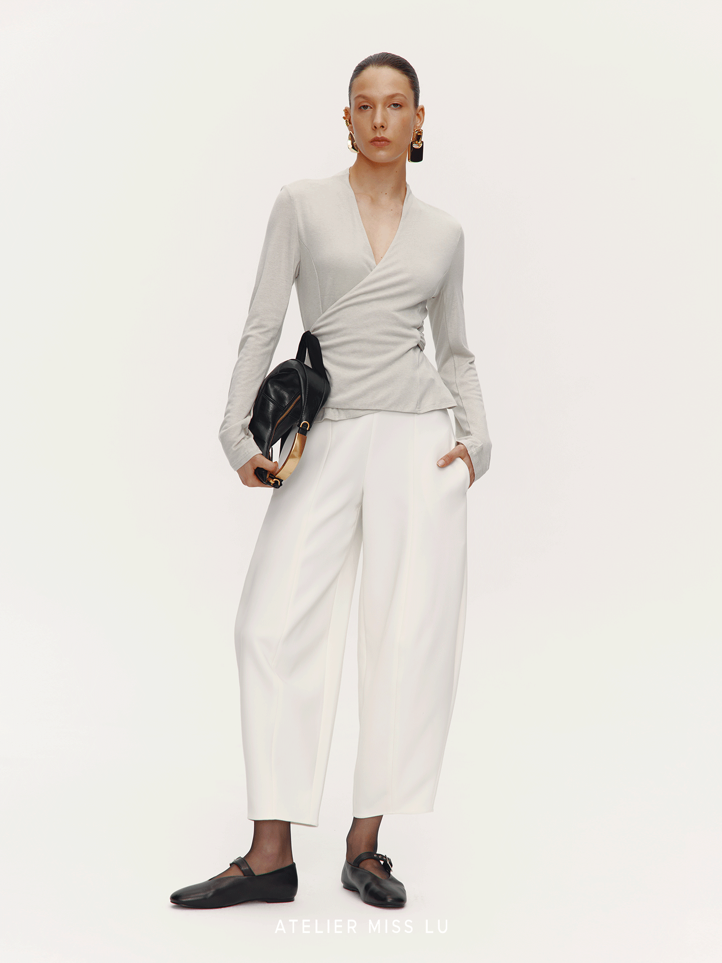 ATELIER MISS LU Lace-up Design Soft Waxy Knit Wrap Top - PEA