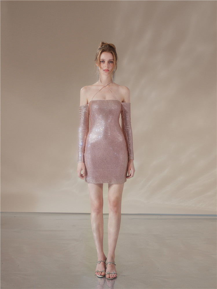 Wardrobes by Chen Elegant Off Shoulder Long Sleeve Midi Cocktail Dress-Hanna