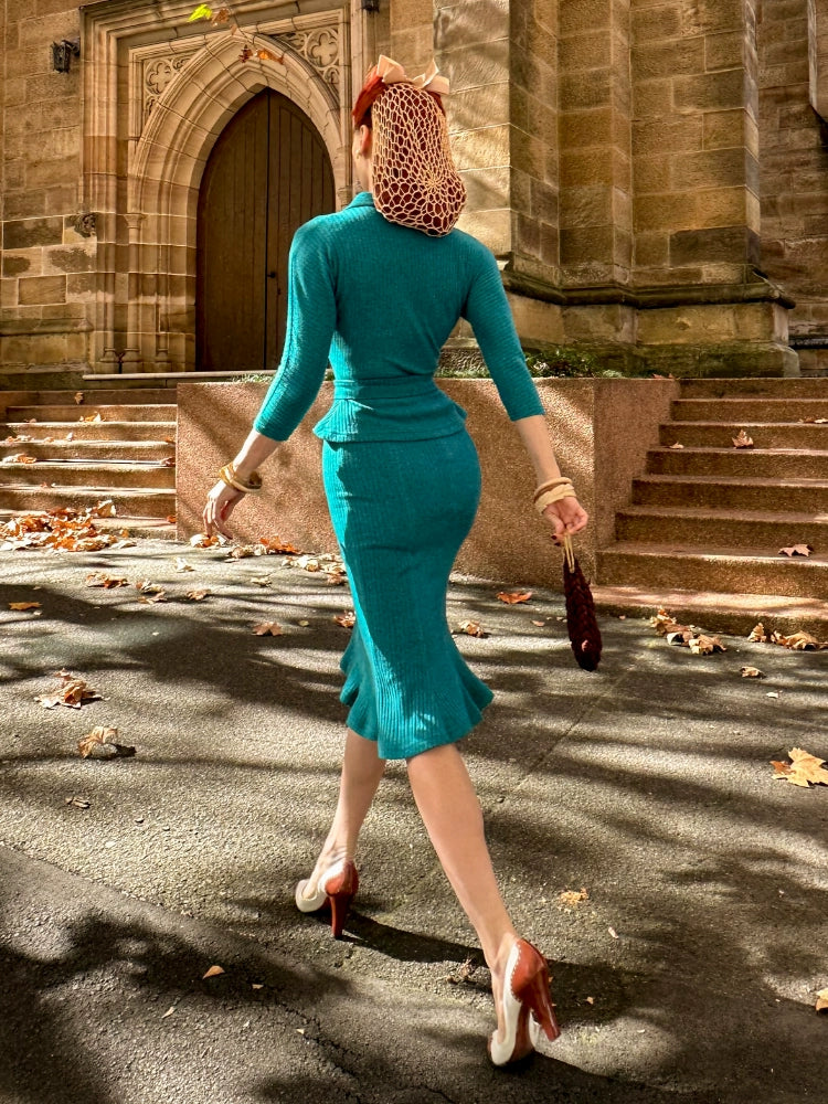 Le Palais Blue Knit Comfortable  Cardigan Mermaid Skirt Set-NIK