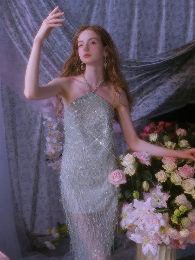 Wardrobes by Chen Elegant Green Halter Tassel cocktail party Dress-Zen