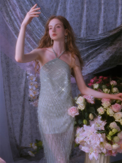 Wardrobes by Chen Elegant Green Halter Tassel cocktail party Dress-Zen