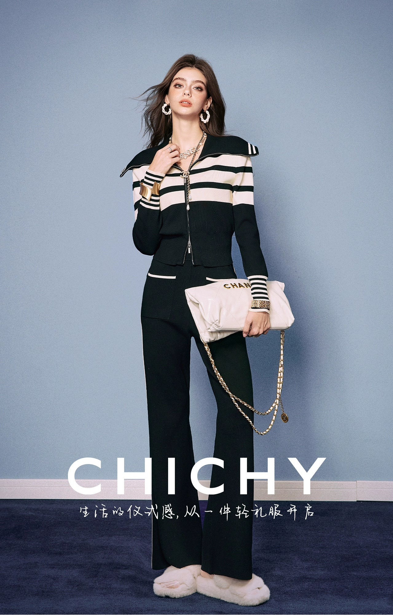 CHICHY Knitted Two-Piece Black Striped Knitted Cardigan Casual Pants-IFE