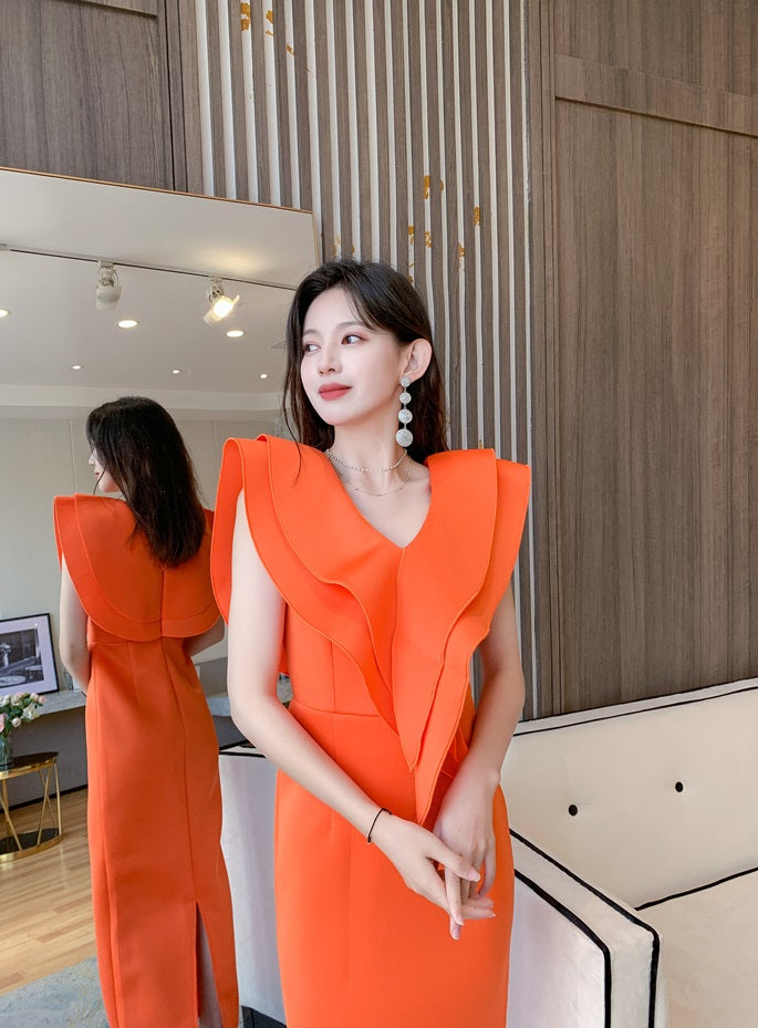 DOLLY Elegant White V-Neck Flying Ruffle Sleeve Slim Fit Long Goddess Dress-CLAUDIA