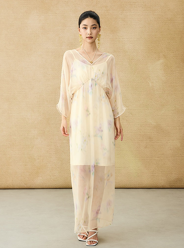 HECO Chinese Resort Style Flowing V-neck Dress - STONE.