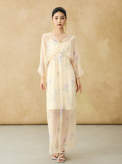 HECO Chinese Resort Style Flowing V-neck Dress - STONE.
