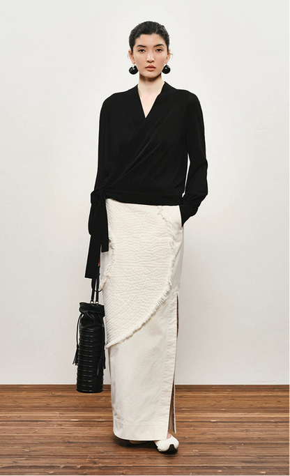 ZHUCHONGYUN black wrap-style tie waist long sleeved top-REIGN.