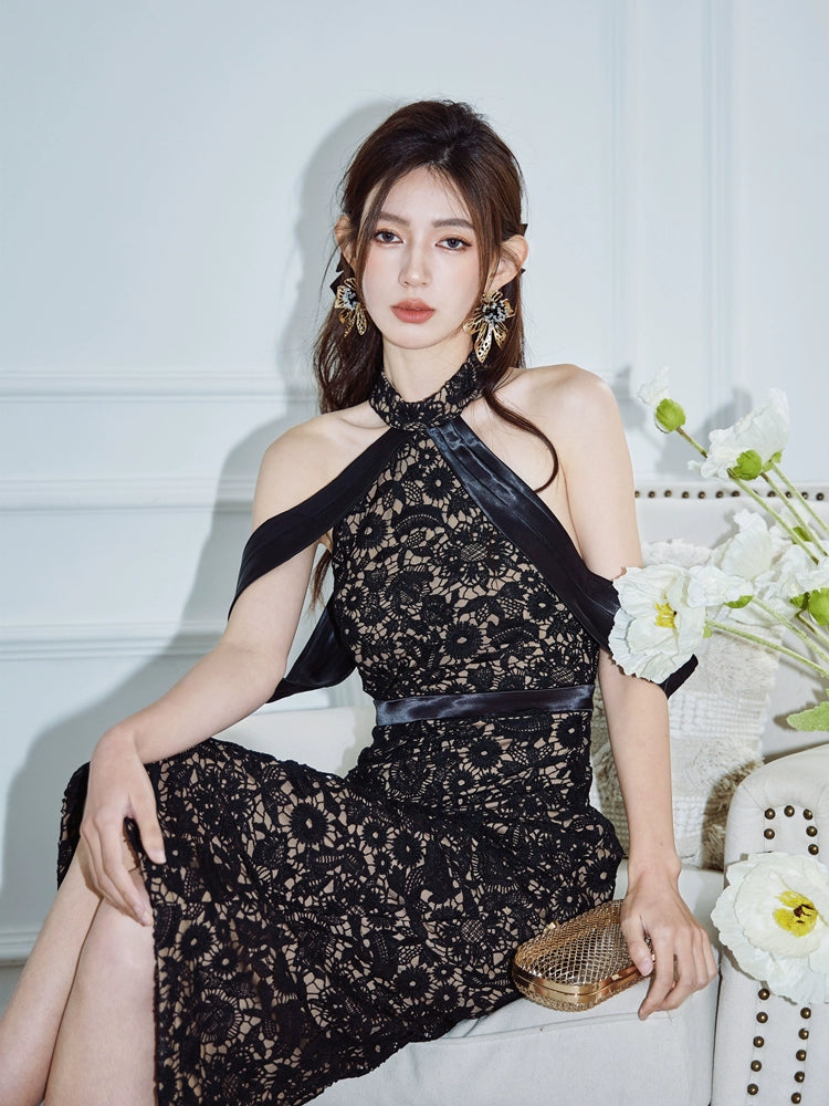 DOLLY Luxury Black Lace Sleeveless Halter Neck Slim Fit Midi Formal Dinner Dress-ANGELA