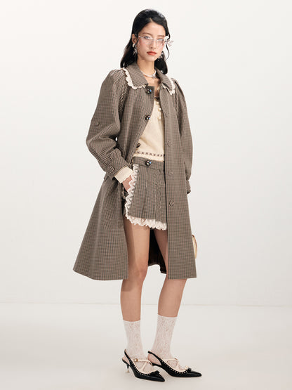 FAME Embroidered Collar Vintage Plaid Long Trench Coat - SANDRA.