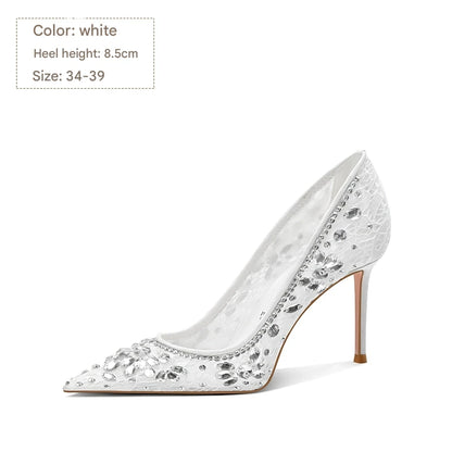 PJJUU pointed toe high heeled rhinestone shoes - GLAP.