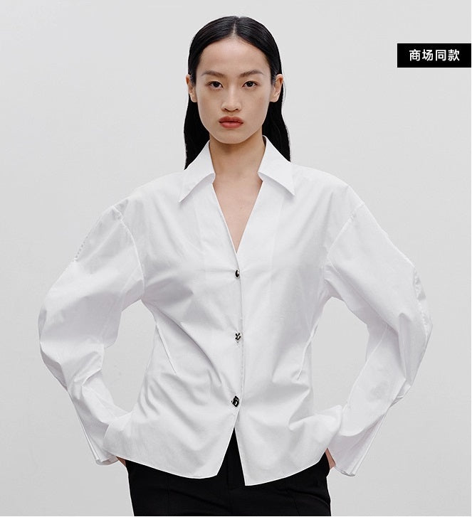 COMME MOI Lu Yan designer's new women's white cotton elastic V-neck commuter shirt - GIFTED.