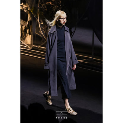TUYUE Gray simple silhouette mid-length trench coat - GIFTY.