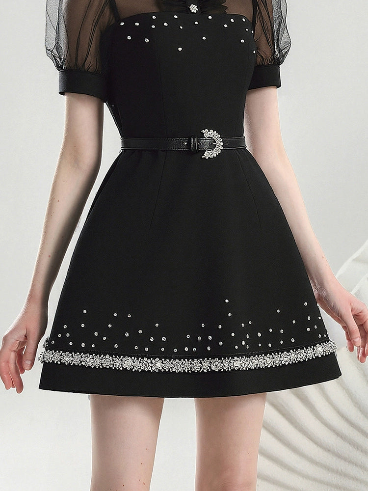 CHECOCRE summer new nail diamond mesh puff sleeves cinched waist thin little black dress - SCRUB .