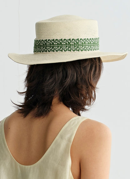 COMME MOI Lv Yan Designer Summer Women's Green Flower Fabric Ribbon Straw Hat - CLAIRE.