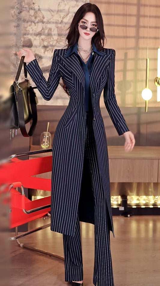 VJE Striped Coat Flared Pants Two-Piece Trench Coat Set-NICH.