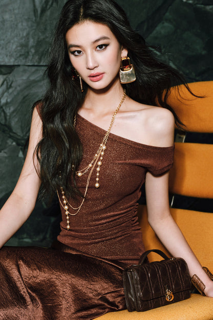 WANGXO Brilliant Radiant Acetate Bright Silk Heavy Handmade Slanted Shoulder Top - NELLA