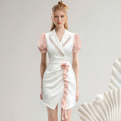 CHECOCRE Elegant V-neck Pressed Pleated Diamond Design Short White Dress - SEEKING