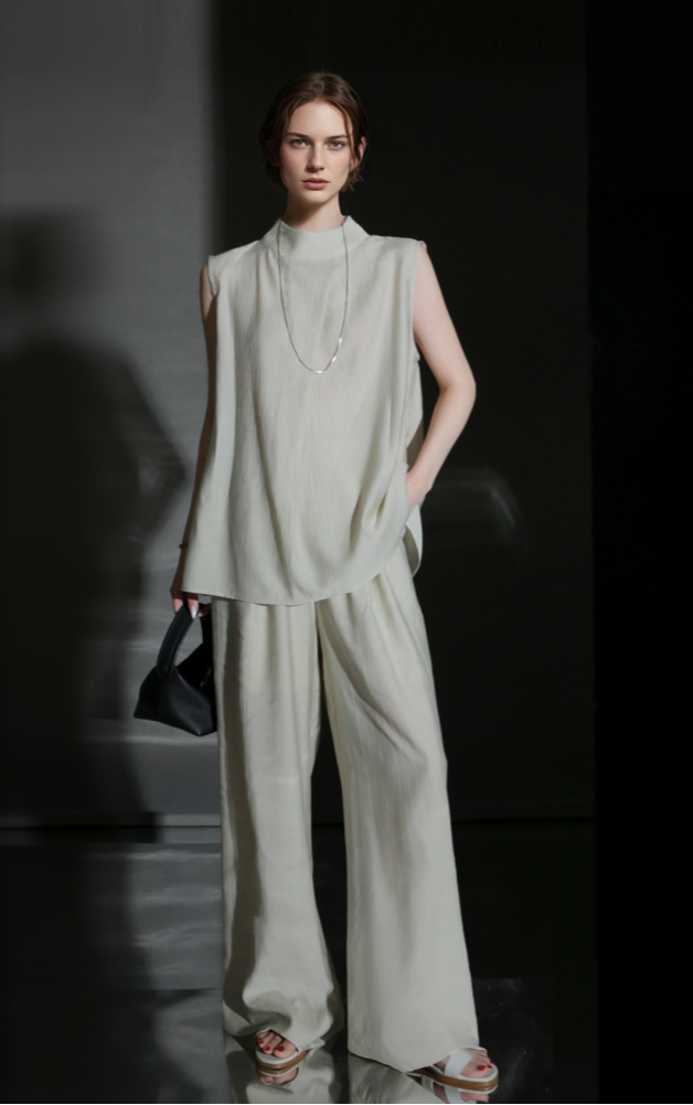 PIAOIN texture linen silk stand up collar sleeveless t-shirt women's straight pants - ARIA