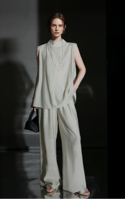 PIAOIN texture linen silk stand up collar sleeveless t-shirt women's straight pants - ARIA