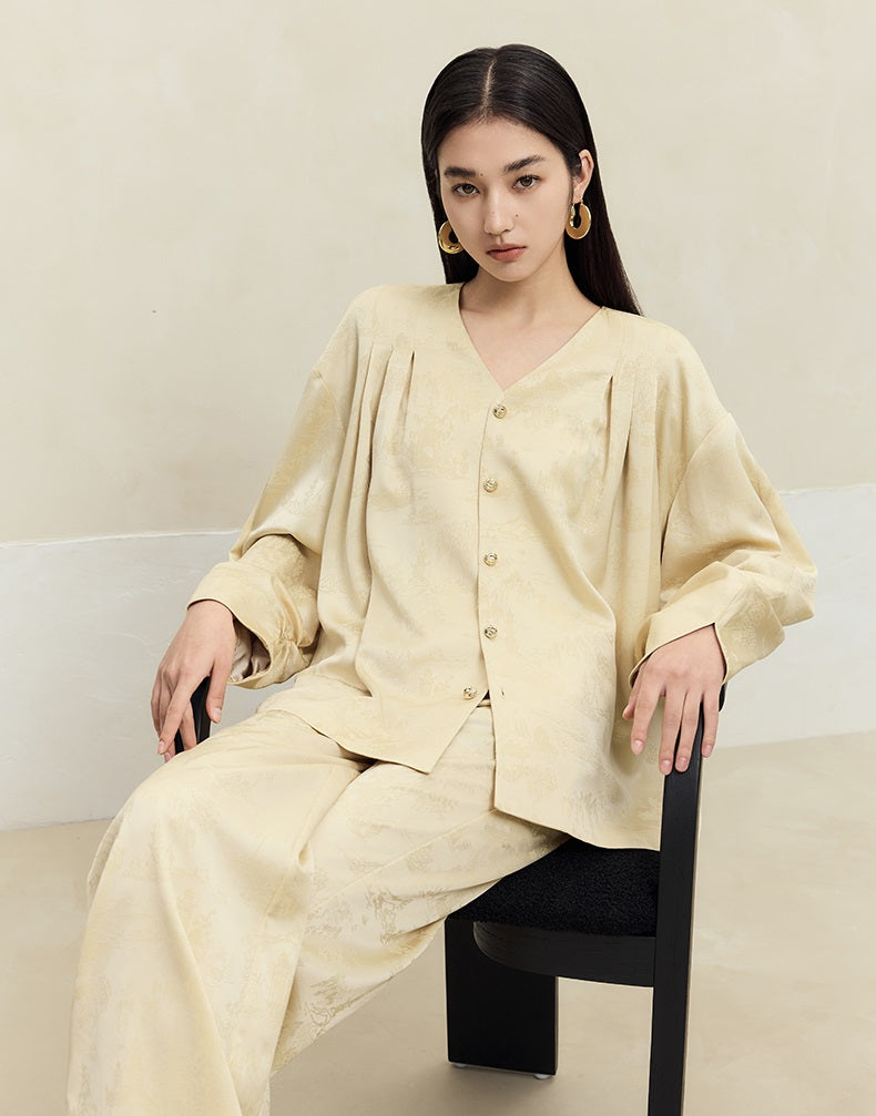 HECO Shan Ting Acetate Jacquard Suit Loose black yellow Top Pants Women - favour.