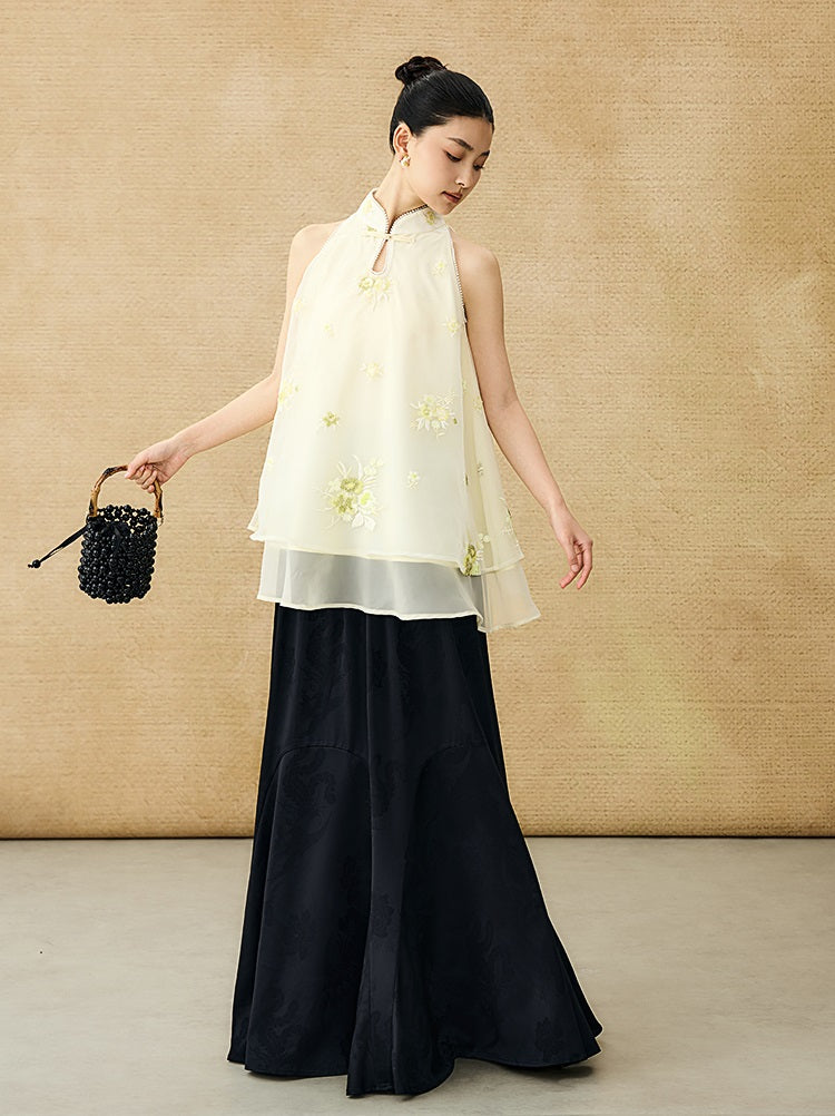 HECO Chinese double-layer tulle flesh covering elastic ballet style vest two-piece - LEVI.