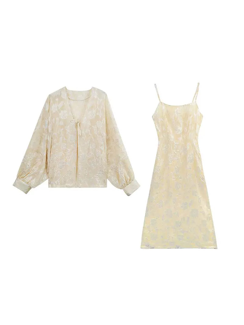 HECO Chiffon Bat Sleeve Dress Two-Piece Set for Women - clay.