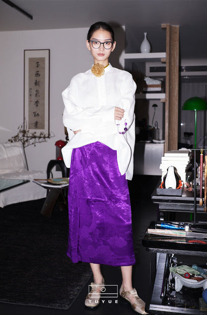 TUYUE white small stand-up collar lazy silhouette long-sleeved shirt- DENVER.