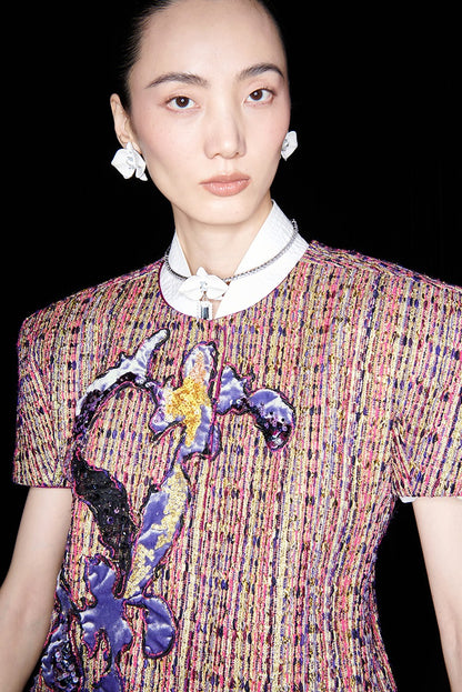 M essential Ma Kai designer kneaded gold coarse spinning iris stacked embroidery slim top - LIVING.