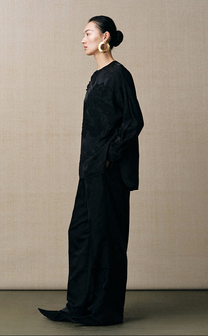 ZHUCHONGYUN black new Chinese silk satin jacquard wide-leg trousers-LAD.