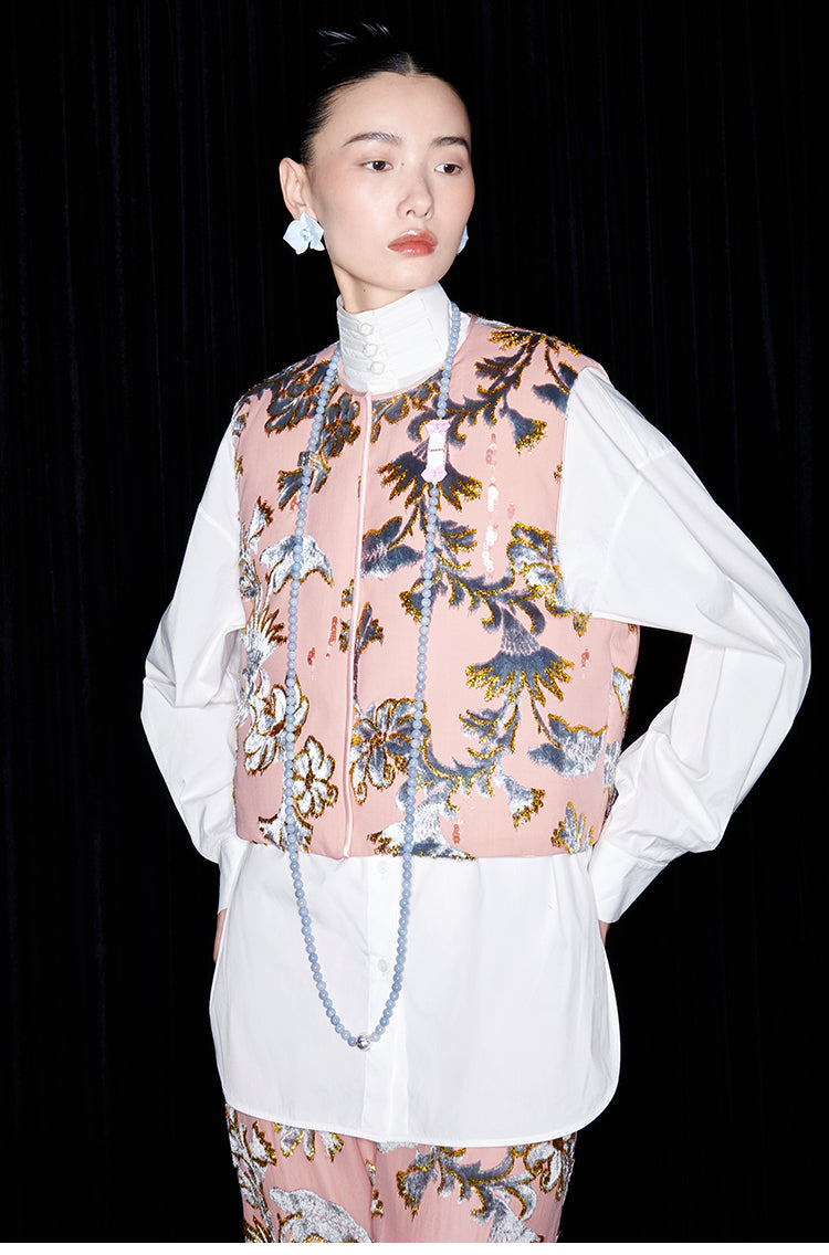 M essential Mackay designer blue velvet atelier beaded down vest - Nami.