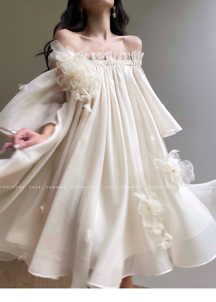 Aconiconi Luxury Off-Shoulder Flower Short Sleeve bridal baby doll Dress - Magnolia Lotus Fragrance