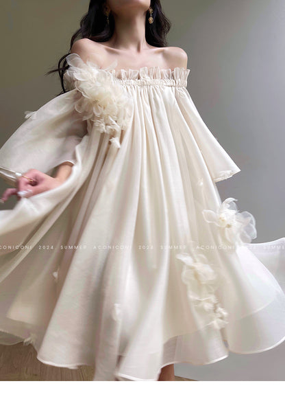 Aconiconi Luxury Off-Shoulder Flower Short Sleeve bridal baby doll Dress - Magnolia Lotus Fragrance