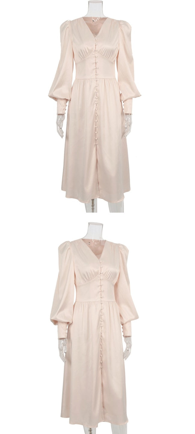 DOLLY Elegant V-Neck Long Lantern Sleeve Long Button Church Dress-NANA